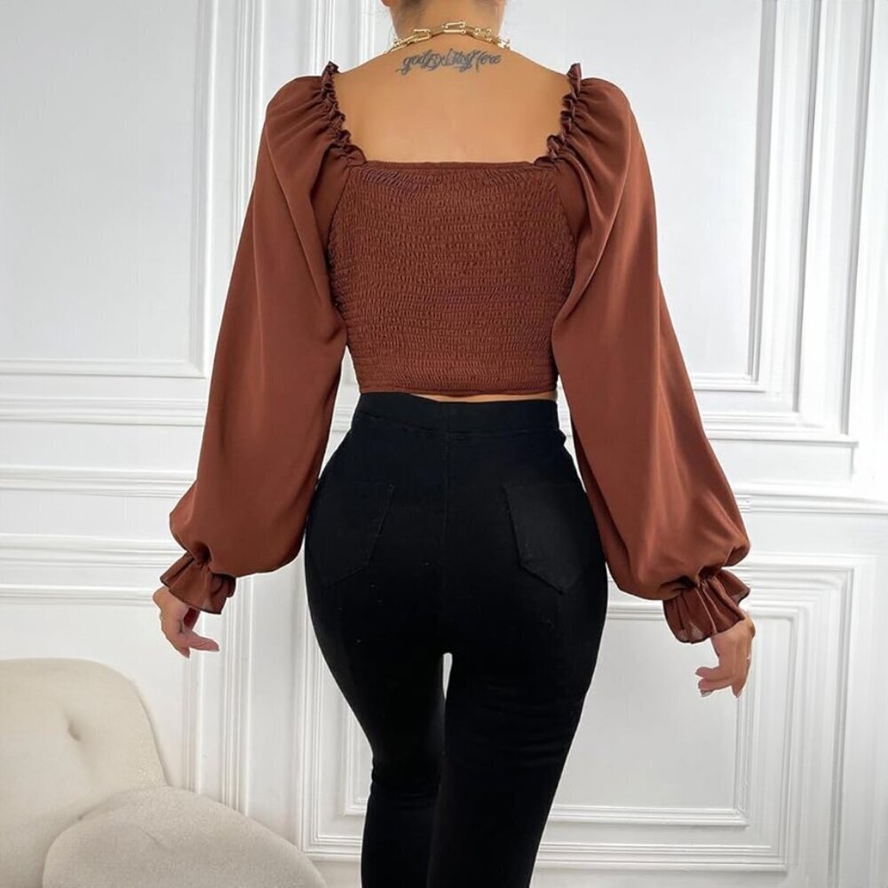 Ruffled Puff Sleeve Crop Top - sz Medium - Picture 4 of 9